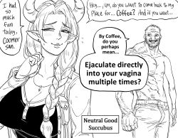 Rule 34 | 1boy, 1girl, 1koma, absurdres, alignment chart, asymmetrical arms, bb (baalbuddy), bed invitation, blush, braid, braided ponytail, breasts, cleavage, comic, commentary, coomer (meme), cow horns, demon girl, earrings, english commentary, english text, greyscale, hair over shoulder, highres, horns, jewelry, large breasts, long hair, meme, monochrome, original, pointy ears, shy, stud earrings, topless male