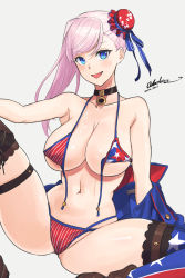 Rule 34 | 1girl, absurdres, alternate costume, american flag bikini, american flag legwear, american flag print, artist name, bikini, blue eyes, blue jacket, boots, breasts, brown footwear, cleavage, dated, fate/grand order, fate (series), flag print, front-tie bikini top, front-tie top, hair bun, highres, jacket, large breasts, long hair, looking at viewer, miyamoto musashi (fate), miyamoto musashi (fate/grand order), miyamoto musashi (swimsuit berserker) (fate), miyamoto musashi (swimsuit berserker) (second ascension) (fate), navel, odachu, open mouth, pink hair, print bikini, signature, smile, solo, swimsuit, untied bikini