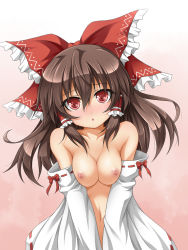 Rule 34 | 1girl, :o, bandages, blush, breasts, breasts squeezed together, brown hair, cleavage, collarbone, detached sleeves, female focus, gradient background, hair tubes, hakurei reimu, long hair, looking at viewer, nipples, nude, red eyes, roura, solo, touhou, v arms