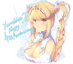 Rule 34 | alternate costume, alternate hairstyle, blonde hair, breasts, chest jewel, cleavage, dress, hand on own chest, large breasts, long hair, mythra (xenoblade), side ponytail, simple background, solo, swept bangs, tiara, upper body, very long hair, white background, white dress, xenoblade chronicles (series), xenoblade chronicles 2, yellow eyes