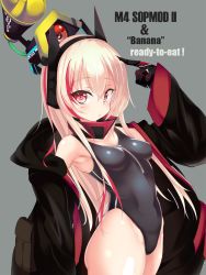 Rule 34 | 1girl, black coat, black one-piece swimsuit, blonde hair, blush, breasts, character name, coat, competition swimsuit, cowboy shot, eila yagyu, girls&#039; frontline, grey background, headgear, highres, hood, hooded coat, hoodie, long hair, looking at viewer, m4 sopmod ii (girls&#039; frontline), mechanical arms, medium breasts, multicolored hair, one-piece swimsuit, pointing, prosthesis, prosthetic arm, red eyes, red hair, simple background, single mechanical arm, solo, standing, streaked hair, swimsuit