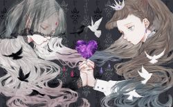 Rule 34 | 2girls, bad id, bad pixiv id, bird, blue nails, braid, brown hair, closed eyes, crown, earrings, forehead jewel, grey background, grey eyes, heart, highres, holding hands, interlocked fingers, jewelry, long sleeves, mini crown, multiple girls, nail polish, original, pointy ears, red nails, shirone (coxo ii), upper body, white hair
