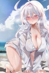 Rule 34 | 1girl, absurdres, ahoge, all fours, antenna hair, beach, bikini, blue sky, blush, breasts, cleavage, cloud, collarbone, commentary request, day, dolechan, dress shirt, frilled bikini, frills, hair between eyes, highres, kneeling, large breasts, long hair, looking at viewer, ocean, original, outdoors, parted lips, purple eyes, shirt, sidelocks, sky, solo, sweat, swimsuit, variant set, white bikini, white hair, white shirt
