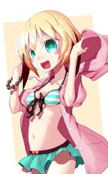 1girl bikini bikini_skirt blonde_hair blush_stickers breasts commentary_request fate/grand_order fate_(series) gareth_(fate) green_eyes highres hood hoodie navel neck_o open_clothes open_hoodie open_mouth short_hair small_breasts smile solo striped_bikini striped_clothes swimsuit