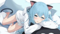 Rule 34 | 1girl, animal ears, arm rest, blue eyes, blue hair, blurry, blush, cat ears, cat girl, cat tail, chinese commentary, depth of field, hair between eyes, hair ornament, hood, hood down, hoodie, hrxw8287, long hair, long sleeves, looking at viewer, lying, nekoha shizuku, on side, open mouth, original, pillow, solo, stuffed animal, stuffed cat, stuffed toy, tail, white hoodie