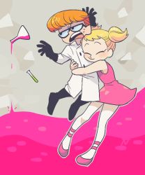 Rule 34 | 1boy, 1girl, black gloves, blonde hair, brother and sister, carrying, dee dee, dexter&#039;s laboratory, dexter (dexter&#039;s laboratory), dress, flask, frown, glasses, gloves, hug, lab coat, open mouth, orange hair, pantyhose, pink dress, short dress, siblings, smile, test tube, tsunoji, twintails
