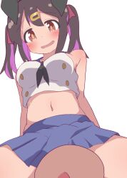 Rule 34 | 1girl, 1other, :d, bare arms, bare shoulders, black hair, black neckerchief, blush, breasts, brown eyes, commentary, cosplay, crop top, dot nose, girl on top, hair ribbon, hatafuta, kantai collection, long hair, looking down, medium breasts, microskirt, midriff, multicolored hair, navel, neckerchief, onii-chan wa oshimai!, open mouth, oyama mihari, purple hair, red ribbon, ribbon, shimakaze (kancolle), shimakaze (kancolle) (cosplay), simple background, skirt, sleeveless, smile, solo focus, straddling, twintails, two-tone hair, white background