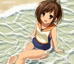 Rule 34 | 10s, 1girl, aoki minami (+box), beach, brown eyes, brown hair, dated, i-401 (kancolle), kantai collection, kyuu pito, outdoors, ponytail, sailor collar, school uniform, sitting, sitting on water, swimsuit, swimsuit under clothes, water