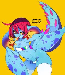 Rule 34 | 1girl, :p, absurdres, bikini, blue skin, colored sclera, colored skin, commentary, cteno (slugbox), flat chest, glasses, head arms, highres, long tongue, looking at viewer, monster girl, navel, original, red eyes, red hair, round eyewear, short hair, simple background, slugbox, solo, spiked tail, standing, swimsuit, tail, thighhighs, thighs, tongue, tongue out, white bikini, white thighhighs, yellow background, yellow sclera