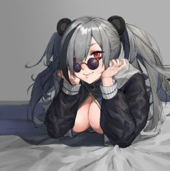 Rule 34 | 1girl, animal ears, arknights, breasts, china dress, chinese clothes, cleavage, dress, feater (arknights), grey hair, hair over one eye, highres, liudaohai6001, long hair, looking at viewer, looking over eyewear, looking over glasses, lying, on stomach, panda ears, red eyes, round eyewear, smile, solo, sunglasses, tinted eyewear, twintails