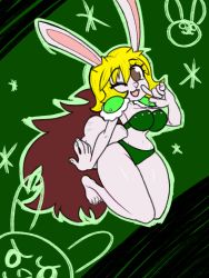 Rule 34 | 1girl, alternate costume, artist request, breasts, carrot (one piece), cleavage, curvy, full body, green background, large breasts, large nipples, one eye closed, one piece, open mouth, panties, rabbit ears, rabbit girl, rabbit tail, revealing clothes, underwear, wide hips, wink