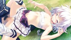 Rule 34 | 1boy, 1girl, bare arms, blush, breasts, censored, clenched teeth, closed eyes, clothing aside, collarbone, covered erect nipples, day, game cg, grass, hetero, iris krug, long hair, long sleeves, male pubic hair, midriff, miniskirt, mizunezumi, mosaic censoring, navel, outdoors, panties, panties aside, penis, pink ribbon, pleated skirt, pubic hair, re;lord dai san shou, ribbon, sarashi, sex, skirt, small breasts, solo focus, spread legs, stomach, teeth, underwear, vaginal, white hair, white panties, white skirt