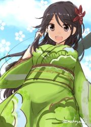 Rule 34 | 10s, 1girl, amagi (kancolle), breasts, brown eyes, brown hair, camouflage, from below, hair between eyes, japanese clothes, kantai collection, kimono, long hair, looking at viewer, mashayuki, mole, mole under eye, obi, open mouth, ponytail, sash, solo, wide sleeves
