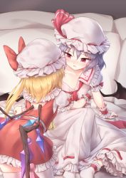 Rule 34 | 2girls, arm support, ascot, ass, back cutout, bat wings, bed, blue hair, bow, clenched hand, clothing cutout, collarbone, commentary request, cowboy shot, crystal, dress, feet out of frame, flandre scarlet, frilled shirt collar, frills, from behind, hair between eyes, hat, hat bow, hat ribbon, highres, incest, indoors, knee up, kneeling, long hair, looking at another, miniskirt, minust, mob cap, multiple girls, off shoulder, one side up, parted lips, petticoat, pillow, puffy short sleeves, puffy sleeves, red ascot, red bow, red eyes, red ribbon, red skirt, red vest, remilia scarlet, ribbon, ribbon-trimmed dress, ribbon trim, short hair, short sleeves, siblings, sisters, sitting, skirt, slit pupils, socks, thighhighs, thighs, touhou, vest, white dress, white headwear, white legwear, wings, wrist cuffs, yellow ascot, yuri, zettai ryouiki