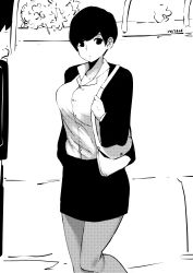 Rule 34 | 1girl, absurdres, bag, breasts, collared shirt, commentary, earrings, english commentary, greyscale, handbag, highres, jacket, jewelry, large breasts, looking at viewer, monochrome, norman maggot, office lady, olive laurentia, original, outdoors, pantyhose, pencil skirt, pixie cut, shirt, short hair, skirt, solo, standing, walking