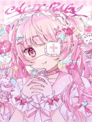 Rule 34 | 1girl, absurdres, blush, bow, candy, cellphone, cherry hair ornament, chibana sora, choker, cross hair ornament, eyepatch, food, food-themed hair ornament, hair bow, hair ornament, hairband, heart, heart hair ornament, highres, holding, holding phone, lolita hairband, long hair, one eye covered, original, phone, pink choker, pink eyes, pink hair, pink theme, school uniform, serafuku, solo, sparkle, spiked choker, spikes, tongue, tongue out, twintails