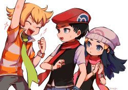 Rule 34 | 1girl, 2boys, arm up, artist name, barry (pokemon), beanie, black hair, blonde hair, blush, clenched hand, closed eyes, commentary request, creatures (company), dawn (pokemon), eyelashes, floating hair, game freak, green scarf, grey eyes, grey headwear, hair ornament, hairclip, hands up, hat, highres, lucas (pokemon), multiple boys, nintendo, open mouth, own hands together, pants, pink scarf, pokemon, pokemon dppt, red headwear, red scarf, scarf, shirt, short sleeves, sidelocks, sparkle, striped clothes, striped shirt, teeth, tongue, yonaga story