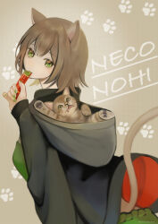 Rule 34 | 1girl, animal, animal ears, animal in clothes, black hoodie, breasts, brown hair, candy, candy bar, cat, cat day, cat ears, cat girl, cat tail, eating, english text, food, green eyes, green nails, highres, holding, holding food, hood, hood basket, hood down, hoodie, light brown background, long sleeves, looking at viewer, looking back, nail polish, original, paw print, personification, short hair, small breasts, solo, tail, twitter username, watanacat