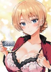 Rule 34 | 10s, 1girl, blonde hair, blue eyes, blush, bra, braid, breasts, chacharan, closed mouth, collarbone, cup, darjeeling (girls und panzer), deep skin, epaulettes, girls und panzer, grabbing own breast, hair between eyes, hand on own chest, head tilt, holding, holding cup, jacket, lace, lace-trimmed bra, lace trim, large breasts, long sleeves, looking at viewer, military jacket, open clothes, open jacket, pink bra, red jacket, short hair, skindentation, smile, solo, steam, tea, teacup, underwear, upper body