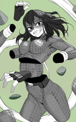 Rule 34 | 1girl, absurdres, black gloves, bodysuit, boku no hero academia, clenched teeth, disembodied hand, disembodied torso, domino mask, fingerless gloves, gloves, green background, highres, koyap, looking at viewer, mask, medium hair, sharp teeth, skin tight, smile, solo, teeth, tokage setsuna
