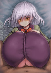 Rule 34 | 1boy, 1girl, 2b-ge, bed, breasts, closed mouth, disgust, frown, gigantic breasts, hand on own chest, highres, huge breasts, jitome, kishin sagume, looking at viewer, lying, on back, paizuri, paizuri under clothes, pov, pubic hair, silver hair, single wing, straddling, straddling paizuri, touhou, wings, yellow eyes