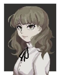 Rule 34 | 1girl, arumikat, black ribbon, brown eyes, brown hair, closed mouth, commentary, fear &amp; hunger, fear &amp; hunger 2: termina, frilled shirt collar, frills, highres, lips, long hair, looking at viewer, marina (fear &amp; hunger), mouth piercing, neck ribbon, pixel art, portrait, ribbon, sepia background, shirt, solo, three quarter view, two-tone background, white background, white shirt
