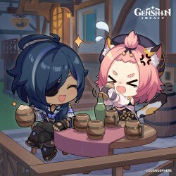 Rule 34 | &gt;o&lt;, 1boy, 1girl, absurdres, anger vein, animal ear fluff, animal ears, animal print, barrel, black gloves, black pants, blue hair, boots, bottle, building, cat ears, cat print, cat tail, chibi, closed eyes, commentary, copyright name, crossed legs, dark-skinned male, dark skin, diona (genshin impact), earrings, english commentary, eyepatch, fangs, fingerless gloves, flying sweatdrops, genshin impact, gloves, hands up, hat, highres, holding, jewelry, kaeya (genshin impact), long sleeves, motion lines, multicolored hair, navel, official art, on chair, open mouth, pants, pink hair, single earring, sitting, smile, sparkle, streaked hair, tail, tail raised, tankard, thick eyebrows, v-shaped eyebrows