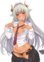Rule 34 | 1girl, black panties, black skirt, collared shirt, condom, condom wrapper, covering nipples, covering privates, cowboy shot, dark-skinned female, dark skin, demon tail, dragon horns, dress shirt, fingernails, flat chest, grey hair, grin, hair intakes, highres, horns, long hair, long sleeves, looking at viewer, miniskirt, mouth hold, nail polish, navel, necktie, no bra, open clothes, open shirt, open skirt, original, panties, pleated skirt, red eyes, sharp fingernails, shirt, side-tie panties, simple background, skirt, slit pupils, smile, solo, stomach, striped necktie, striped neckwear, tail, takunomi, underwear, ursula (takunomi), very long hair, white background, white shirt