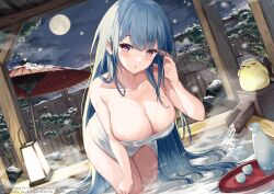 Rule 34 | 1girl, afloat, azur lane, bent over, blue hair, bottle, breasts, choko (cup), cleavage, cup, full moon, highres, igayan, lantern, large breasts, long hair, looking at viewer, moon, naked towel, night, official alternate costume, official art, oil-paper umbrella, onsen, open mouth, pink eyes, sake bottle, snow, towel, umbrella, very long hair, voroshilov (azur lane), voroshilov (devoted as the warm snow) (azur lane), wading