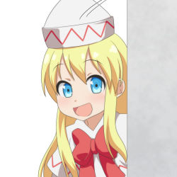 Rule 34 | 1girl, :d, blonde hair, blue eyes, blush, bow, cato (monocatienus), commentary request, dress, hair between eyes, hat, light blush, lily white, long hair, looking at viewer, motion lines, open mouth, peeking out, red bow, red neckwear, sidelocks, simple background, smile, solo, standing, touhou, upper body, very long hair, wall, white background, white dress, white hat