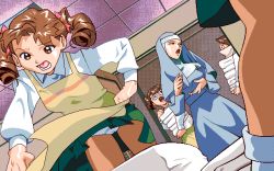 Rule 34 | 1990s (style), 2 shot diary 2, 4girls, apron, ayaka (2 shot diary 2), brown eyes, brown hair, ceiling, character request, dithering, drill hair, dutch angle, game cg, green skirt, habit, indoors, long sleeves, looking at another, may-be soft, multiple girls, nun, panties, pantyshot, pc98, retro artstyle, school, school uniform, shirt, skirt, standing, tagme, twin drills, twintails, underwear, white panties, white shirt