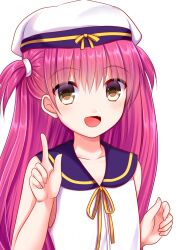 Rule 34 | 1girl, 2019, :d, akausagi, blue sailor collar, blush, commentary request, dated commentary, dress, eyes visible through hair, fang, grey eyes, hair between eyes, hand up, hat, highres, index finger raised, katou umi, long hair, looking at viewer, open mouth, purple hair, sailor collar, sailor dress, sailor hat, simple background, sleeveless, sleeveless dress, smile, solo, summer pockets, two side up, upper body, white background, white dress, white hat