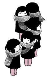 Rule 34 | 5girls, black dress, black hair, blending, bob cut, closed eyes, closed mouth, dot nose, dress, expressionless, facing away, from side, hand up, hirasawa minami, lavender legwear, legs together, limited palette, long sleeves, looking at another, looking away, multiple girls, no shoes, original, own hands together, pantyhose, profile, purple pantyhose, scarf, scarf over mouth, shared clothes, shared scarf, short hair, simple background, smile, standing, swept bangs, u u, white background