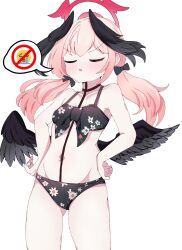 Rule 34 | 1girl, bikini, black bikini, black bow, black wings, blue archive, bow, breasts, closed eyes, collarbone, cowboy shot, feathered wings, floral print, front-tie bikini top, front-tie top, hair bow, halo, hands on own hips, head wings, highres, koharu (blue archive), koharu (swimsuit) (blue archive), long hair, low twintails, low wings, navel, official alternate costume, parted lips, pink hair, pink halo, print bikini, small breasts, solo, spaghetti strap, speech bubble, spoken emoji, swimsuit, twintails, wings, zhunuhz