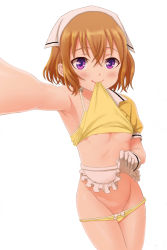 Rule 34 | 1girl, apron, apron lift, armpits, blend s, blush, bow, bow panties, breasts, brown hair, closed mouth, clothes lift, collarbone, enotato, female focus, gloves, groin, hair between eyes, head scarf, hoshikawa mafuyu, lifting own clothes, looking at viewer, mouth hold, open clothes, panties, selfie, shirt, shirt lift, simple background, small breasts, smile, solo, underboob, underwear, waitress, white apron, white background, white gloves, yellow panties, yellow shirt