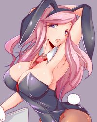 Rule 34 | 1girl, animal ears, armpits, blue eyes, breasts, cleavage, curvy, detached collar, fake animal ears, female focus, highres, large breasts, long hair, looking at viewer, nana (mogs1225), necktie, open mouth, original, pantyhose, pink hair, playboy bunny, rabbit ears, rabbit tail, red necktie, solo, tail, wide hips, wrist cuffs