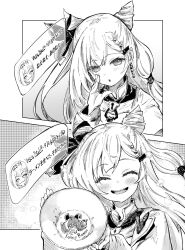 Rule 34 | 1girl, bowl, braid, closed eyes, comic, commentary request, cone hair bun, double bun, greyscale, hair bun, highres, holding, holding bowl, hololive, hololive indonesia, keyhole, kureiji ollie, monochrome, open mouth, smile, solo, translation request, vestia zeta, virtual youtuber, yohane