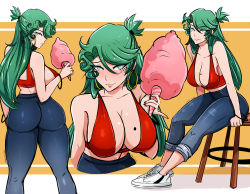 Rule 34 | 1girl, absurdres, ass, bare shoulders, birthmark, blue eyes, blush, breasts, casual, chair, cleavage, cotton candy, earrings, from behind, green hair, half updo, highres, hoop earrings, huge ass, jewelry, large breasts, long hair, looking at viewer, looking back, multiple views, omiza somi, original, pants, shiny clothes, shiny skin, sideboob, sitting, smile, very long hair
