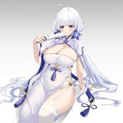 Rule 34 | 1girl, arm behind back, arm support, azur lane, blue eyes, blush, breasts, cleavage, closed mouth, dress, eyes visible through hair, feet out of frame, flower, garter straps, hair flower, hair ornament, hand fan, highres, holding, holding fan, illustrious (azur lane), illustrious (maiden lily&#039;s radiance) (azur lane), large breasts, lips, long hair, looking at viewer, marumai, nail polish, official alternate costume, pink nails, sitting, smile, solo, thighhighs, white background, white dress, white hair, white thighhighs