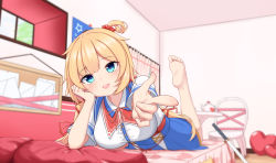 Rule 34 | 1girl, absurdres, akai haato, akai haato (1st costume), anhun, arm support, bare legs, barefoot, bedroom, blonde hair, blue eyes, blue skirt, blurry, breasts, chair, collared shirt, commentary, curtains, depth of field, feet, finger gun, foreshortening, haaton (akai haato), hair ornament, hair ribbon, hair scrunchie, head tilt, heart, heart in eye, heart-shaped pillow, heart print, high-waist skirt, highres, hololive, indoors, katana, large breasts, long hair, looking at viewer, low twintails, lying, neck ribbon, on bed, on stomach, one side up, open mouth, pillow, pointing, pointing at viewer, pov, red ribbon, ribbon, scrunchie, shirt, sidelocks, skirt, smile, soles, solo, stuffed animal, stuffed toy, sword, symbol-only commentary, symbol in eye, table, teapot, teeth, the pose, twintails, upper teeth only, virtual youtuber, weapon, white shirt, window