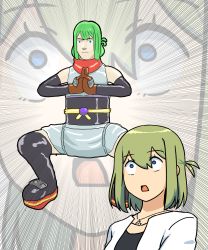 Rule 34 | 1girl, balancing sasuke, bare shoulders, black dress, black footwear, blue eyes, boots, brown gloves, closed mouth, collarbone, commentary request, dress, emphasis lines, gloves, green hair, hair between eyes, highres, jacket, kuji-in, muu (mumumer), naruto (series), obi, open clothes, open jacket, open mouth, original, own hands together, parody, sash, thigh boots, white jacket, yunomiya agari
