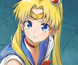 Rule 34 | 1girl, absurdres, bishoujo senshi sailor moon, blonde hair, blue background, blue eyes, blue sailor collar, blush, breasts, choker, circlet, cleavage, clenched teeth, collarbone, crescent, crescent earrings, derivative work, double bun, earrings, from side, hair over shoulder, heart, highres, jewelry, long hair, magical girl, meme, parted lips, rayrei1414, red choker, rubble, sailor collar, sailor moon, sailor moon redraw challenge (meme), sailor senshi uniform, screenshot redraw, short sleeves, solo, sweatdrop, teeth, tsukino usagi, twintails, upper body