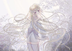 Rule 34 | 1girl, absurdly long hair, ahoge, back bow, blonde hair, bow, bush, cowboy shot, dress, expressionless, floating hair, highres, long hair, looking at viewer, looking back, mini wings, msa (fary white), original, outdoors, purple eyes, short dress, slit pupils, solo, thighhighs, very long hair, white dress, white thighhighs, wings