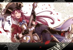 Rule 34 | 030ravie, 10s, 1boy, aoidos, boots, feathers, flower, gloves, granblue fantasy, guitar, hat, high heel boots, high heels, instrument, long hair, male focus, musical note, open mouth, petals, red hair, rose, sitting, solo, teeth