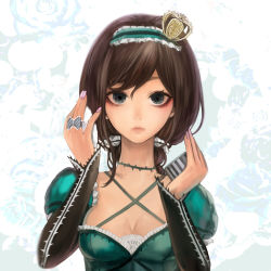 Rule 34 | 1girl, bad id, bad pixiv id, blue eyes, brown hair, crown, hairband, lips, long hair, looking at viewer, mini crown, nail polish, solo, tcb, upper body, vocaloid, white background
