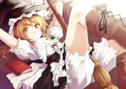 Rule 34 | 1girl, arms behind head, blonde hair, bloomers, book, boots, braid, broom, cross-laced footwear, curiosities of lotus asia, female focus, grin, hat, highres, kirisame marisa, lace-up boots, leg lift, legs up, looking at viewer, lying, magic circle, nanahara fuyuki, on back, orange eyes, smile, solo, touhou, underwear, witch, witch hat, yellow eyes