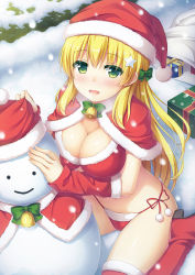 Rule 34 | 1girl, :d, bad id, bad pixiv id, bikini, blonde hair, blush, bobblehat, boots, bow, box, breasts, capelet, christmas, cleavage, colored eyelashes, eyelashes, fur-trimmed boots, fur trim, gift, gift box, green bow, green eyes, hair bow, hair ornament, hat, highres, long hair, looking at viewer, nakamura sumikage, navel, open mouth, original, pom pom (clothes), red bikini, red footwear, red legwear, red ribbon, ribbon, sack, santa boots, santa costume, santa hat, sitting, smile, snow, snowflakes, snowing, snowman, solo, star (symbol), star hair ornament, stomach, swimsuit, very long hair, wariza, winter, yellow ribbon