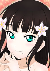 Rule 34 | 1girl, absurdres, artist name, artist request, bare shoulders, black bow, black hair, blunt bangs, blush, bow, close-up, collarbone, dress, dress bow, female focus, fingers together, flower, green eyes, hair flower, hair ornament, highres, kurosawa dia, long hair, looking at viewer, love live!, love live! school idol festival, love live! sunshine!!, mole, mole under mouth, nail, nail polish, own hands together, pink nails, sleeveless, sleeveless dress, smile, solo, torikoriko please!!, upper body, white flower
