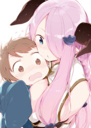 Rule 34 | 10s, 1boy, 1girl, age difference, age regression, between breasts, blue eyes, blush, braid, breasts, brown eyes, brown hair, chestnut mouth, commentary, draph, dress, embarrassed, flying sweatdrops, fuji-yama, full-face blush, gran (granblue fantasy), granblue fantasy, hair ornament, hair over one eye, head between breasts, horns, large breasts, long hair, looking at breasts, narmaya (granblue fantasy), purple hair, simple background, sleeveless, sleeveless dress, white background, aged down
