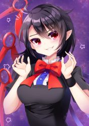 Rule 34 | 1girl, asymmetrical wings, black dress, black hair, blue wings, blush, bow, bowtie, breasts, buttons, center frills, claudy, commentary request, dress, frilled dress, frills, grin, hair between eyes, highres, houjuu nue, long hair, looking at viewer, medium breasts, notice lines, pointy ears, red bow, red bowtie, red eyes, red wings, short sleeves, smile, solo, star (symbol), touhou, upper body, wings, wristband